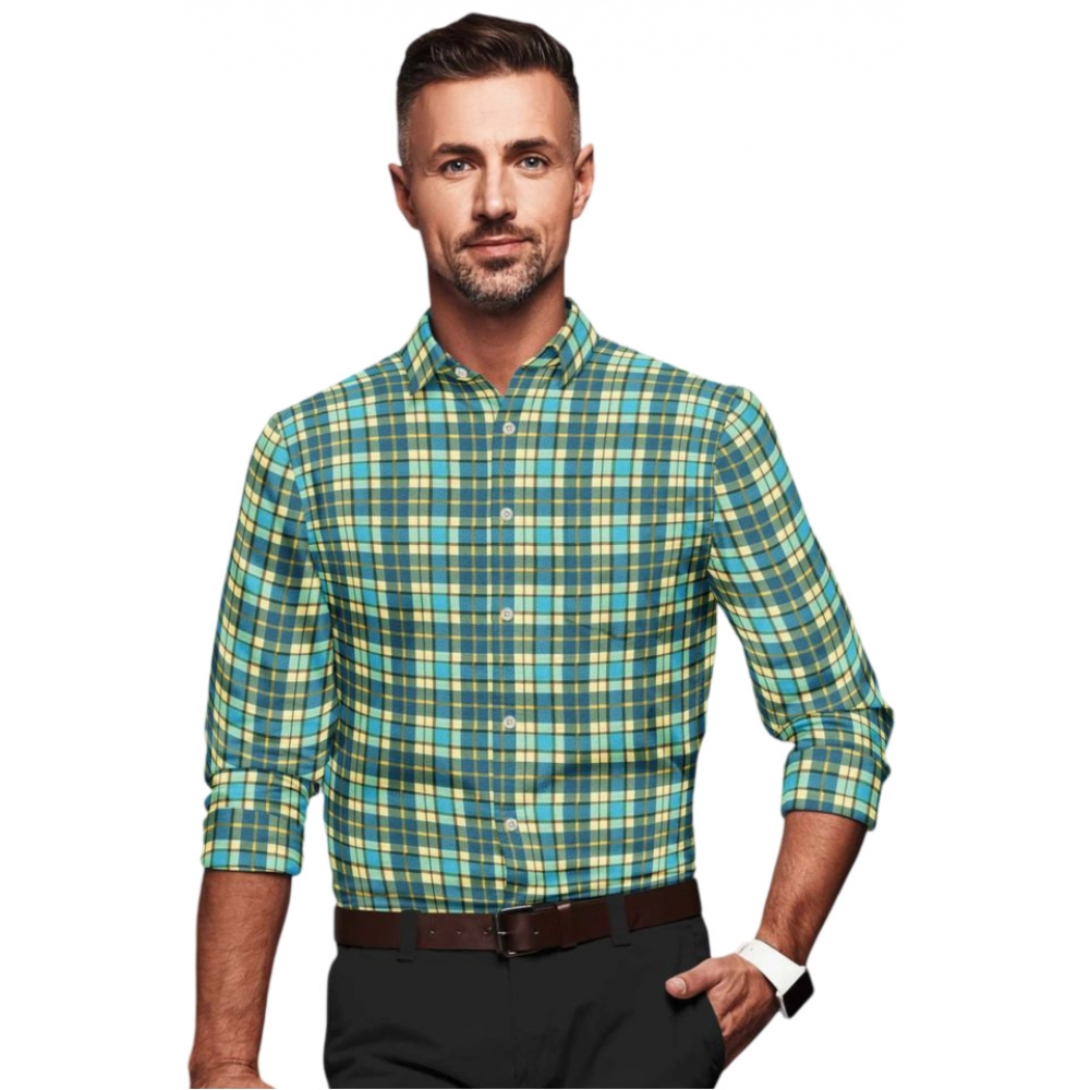 Generic Men’s Cotton Blended Checked Full Sleeve Shirt (Green-Yellow)