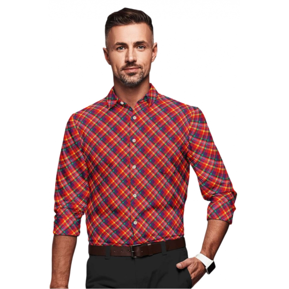 Generic Men’s Cotton Blended Checked Full Sleeve Shirt (Red)