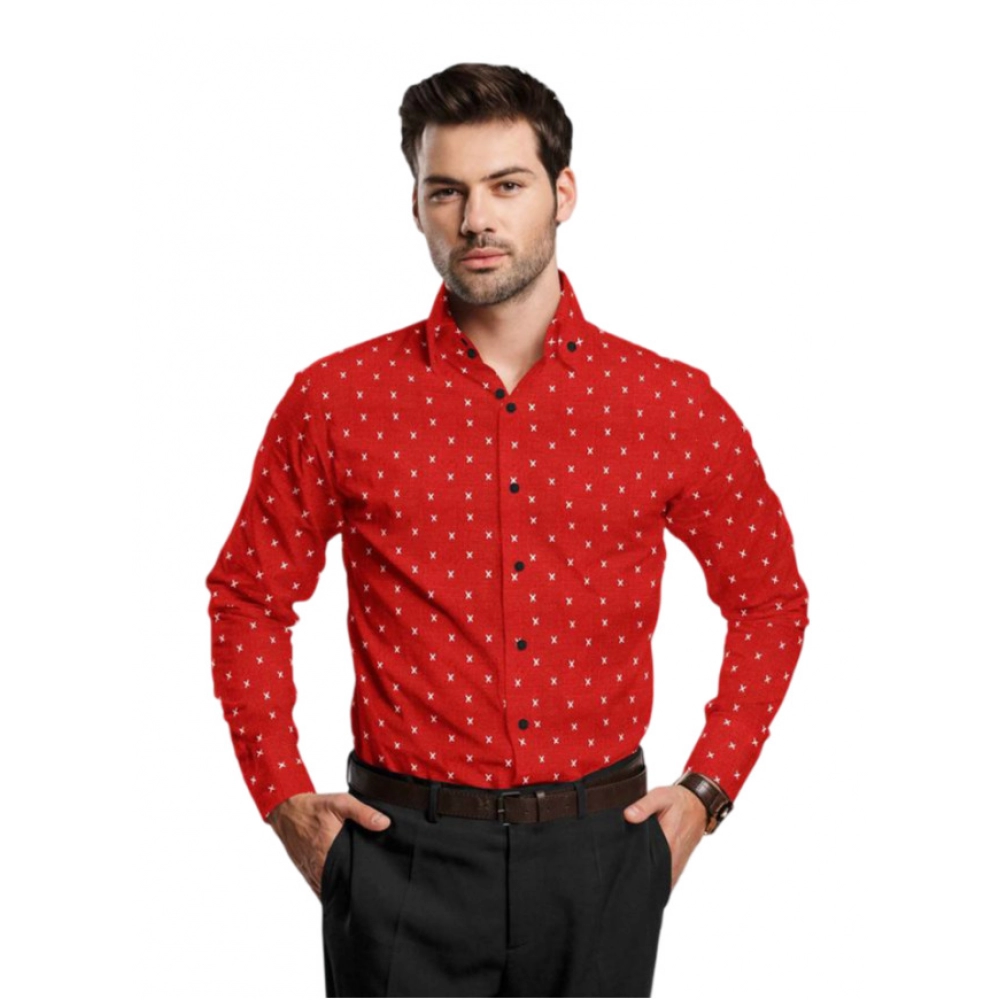 Generic Men’s Cotton Blended Printed Full Sleeve Shirt (Red)