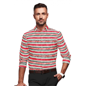 Generic Men's Cotton Blended Striped Full Sleeve Shirt (Red-White)