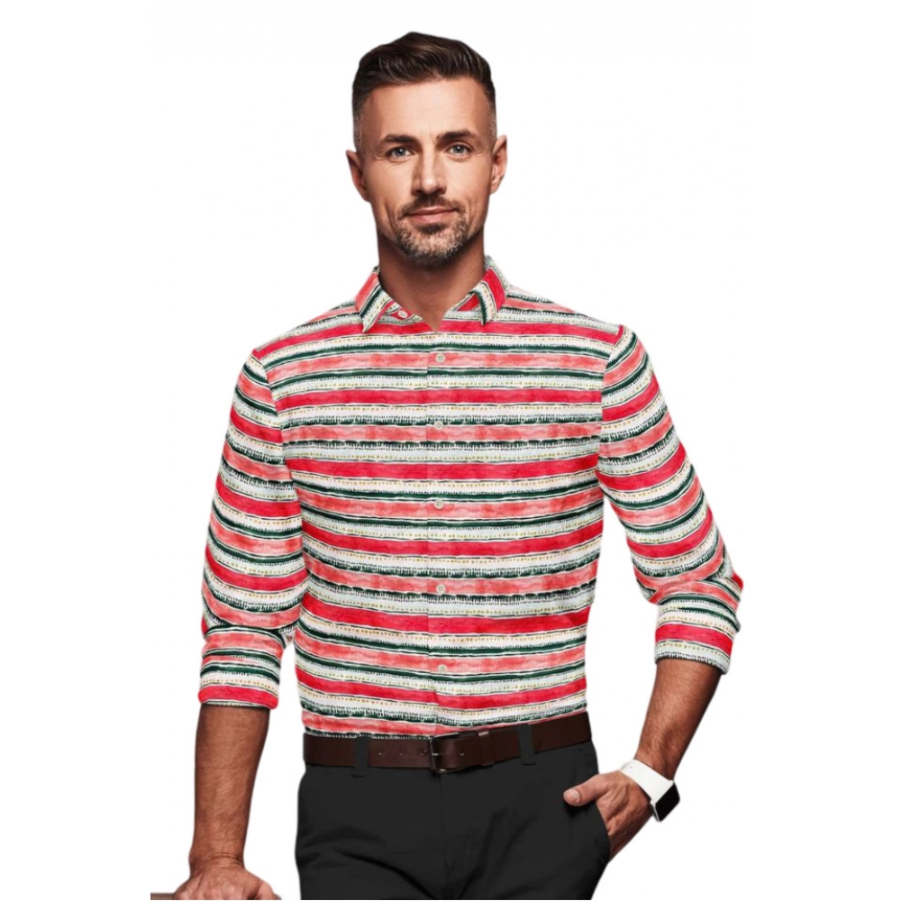 Generic Men’s Cotton Blended Striped Full Sleeve Shirt (Red-White)