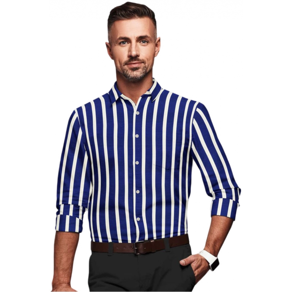 Generic Men’s Cotton Blended Striped Full Sleeve Shirt (White-Blue)