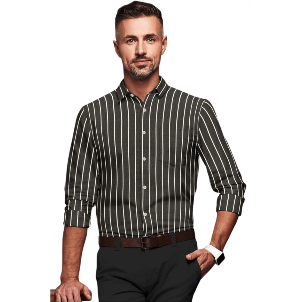 Generic Men’s Cotton Blended Striped Full Sleeve Shirt (Black-White)