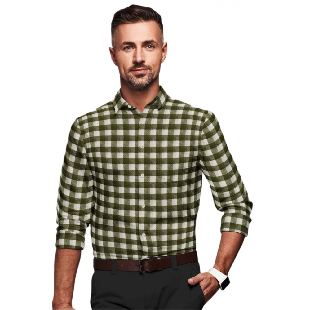 Generic Men’s Cotton Blended Checked Full Sleeve Shirt (White-Green)