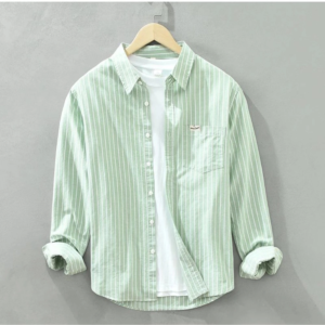 Generic Men's Casual Cotton Striped Full Sleeve Collar Shirt (Green)