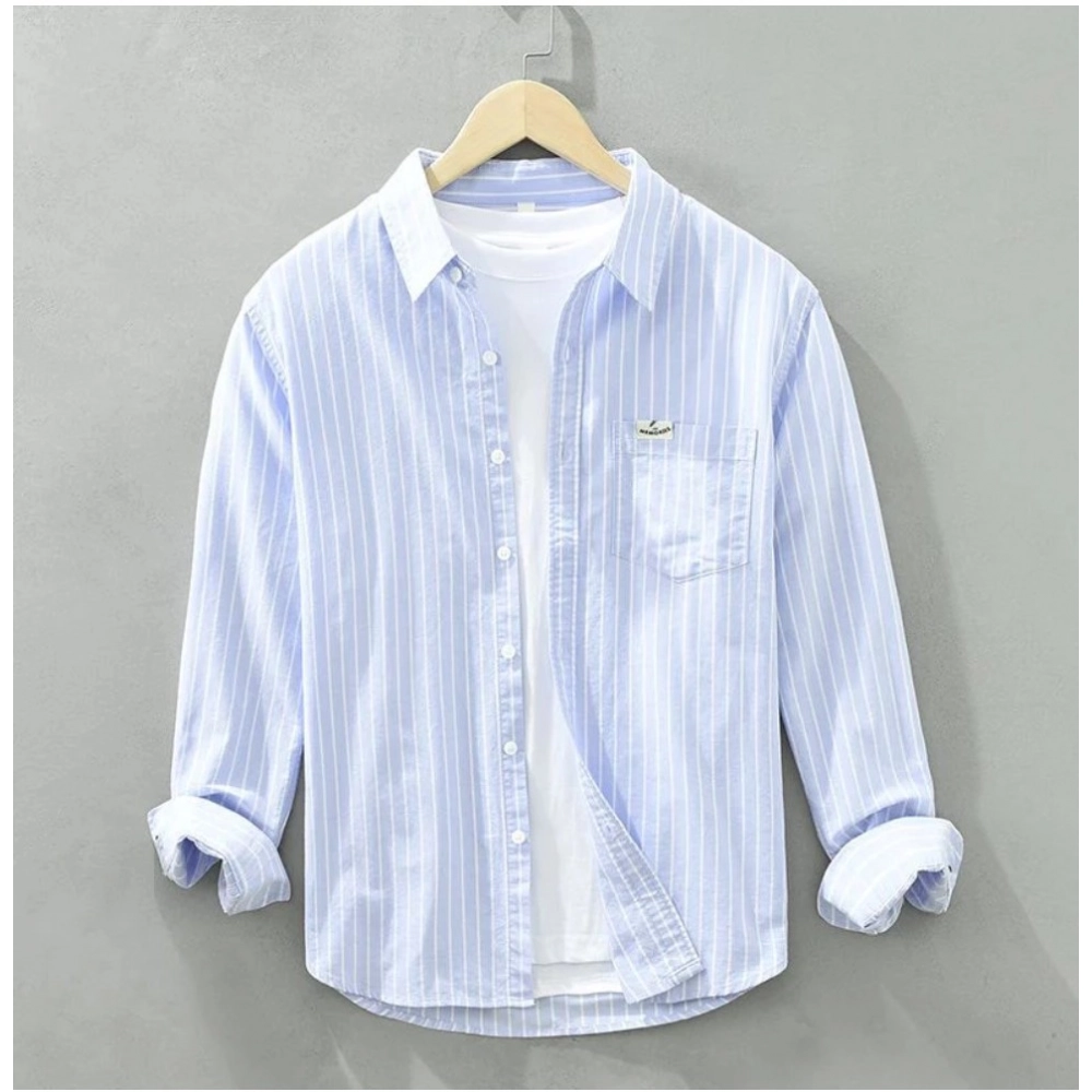 Generic Men’s Casual Cotton Striped Full Sleeve Collar Shirt (Blue)