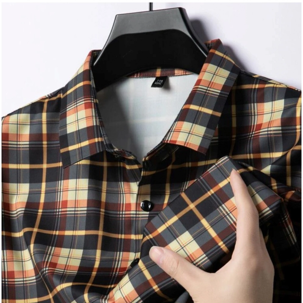 Generic Men’s Casual Cotton Checked 3-4th Sleeve Collar Shirt (Orange)