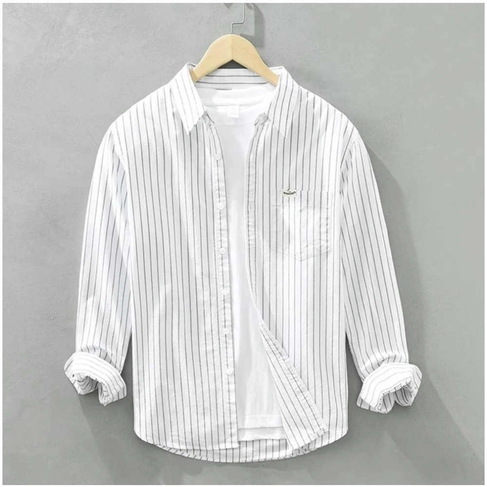 Generic Men’s Casual Cotton Striped Full Sleeve Collar Shirt (White)