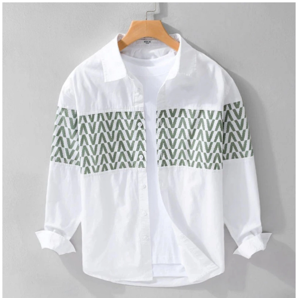 Generic Men’s Casual Cotton Printed Full Sleeve Collar Shirt (White)