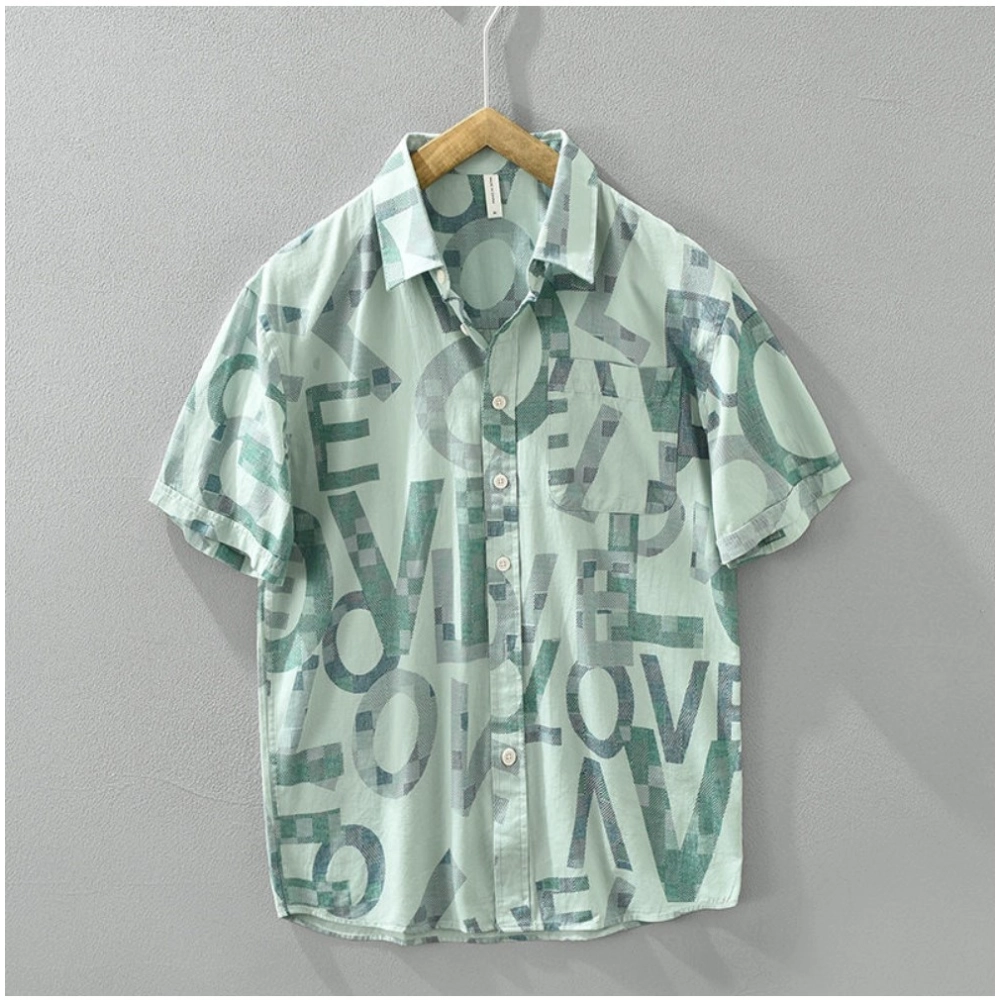 Generic Men’s Casual Cotton Printed 3-4th Sleeve Collar Shirt (Green)