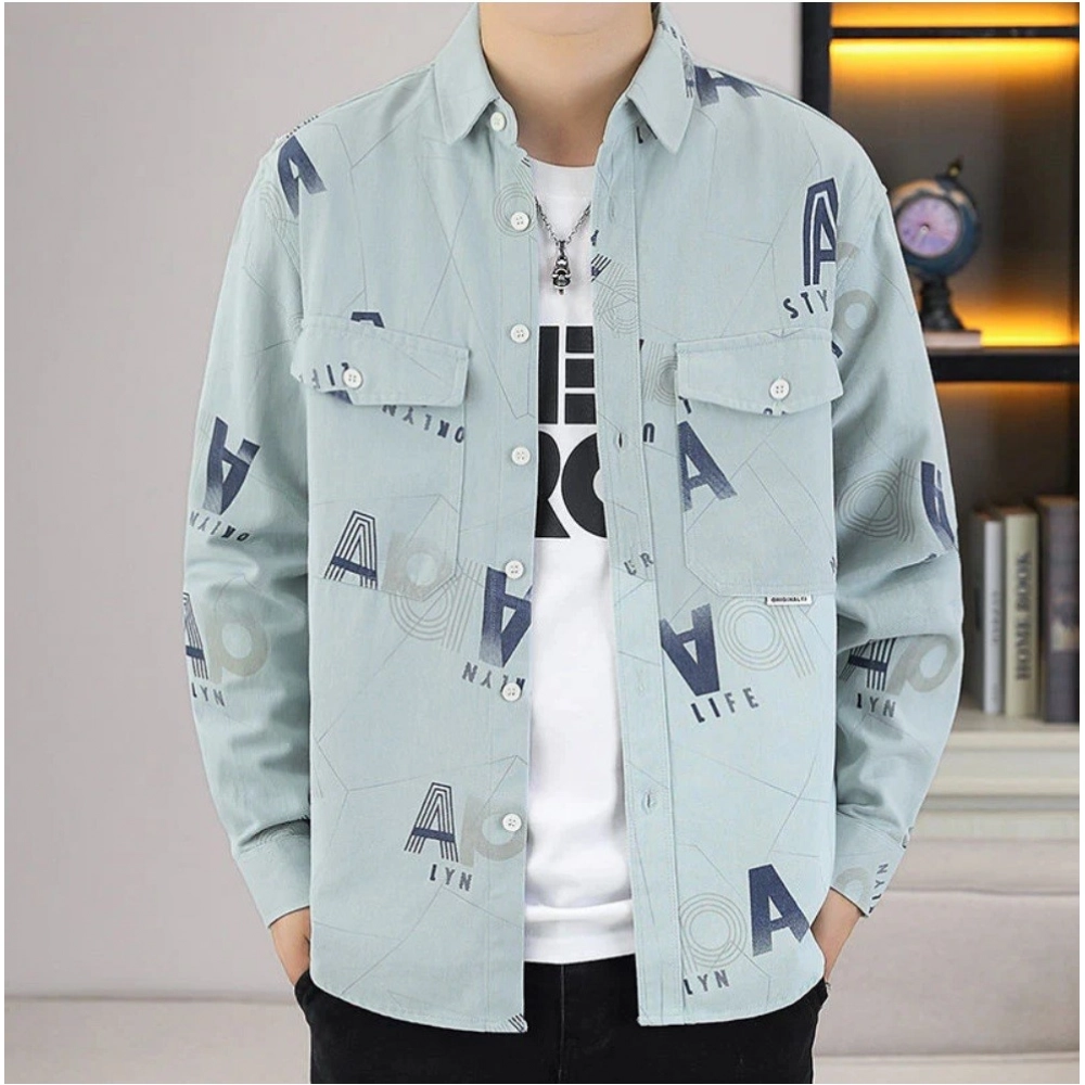 Generic Men’s Casual Cotton Printed Full Sleeve Collar Shirt (Grey)