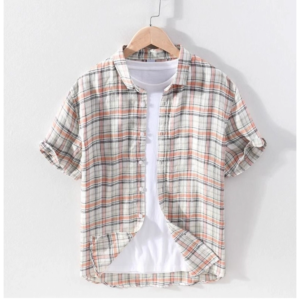 Generic Men's Casual Cotton Checked 3-4th Sleeve Collar Shirt (Orange)