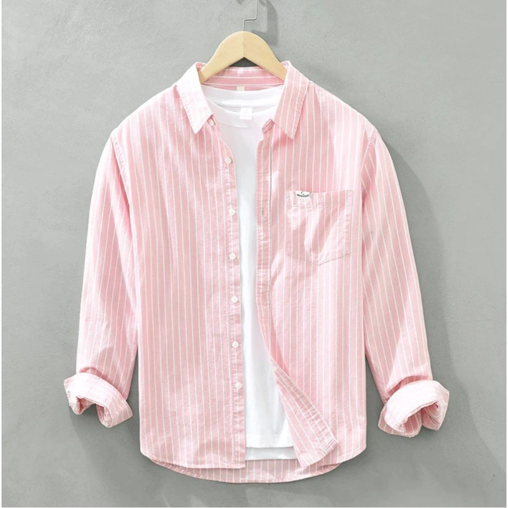 Generic Men’s Casual Cotton Striped Full Sleeve Collar Shirt (Pink)