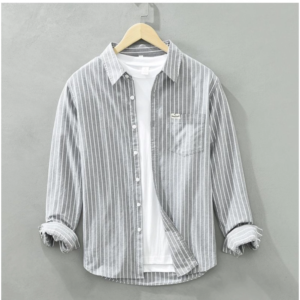 Generic Men's Casual Cotton Striped Full Sleeve Collar Shirt (Grey)