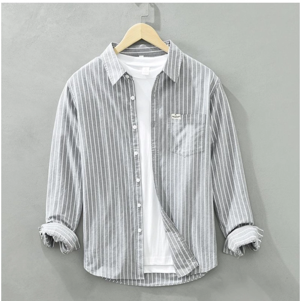 Generic Men’s Casual Cotton Striped Full Sleeve Collar Shirt (Grey)