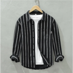 Generic Men's Casual Cotton Striped Full Sleeve Collar Shirt (Black)