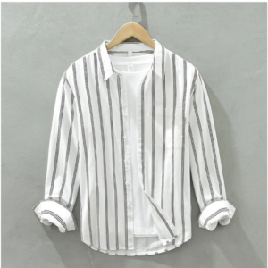 Generic Men's Casual Cotton Striped Full Sleeve Collar Shirt (White)