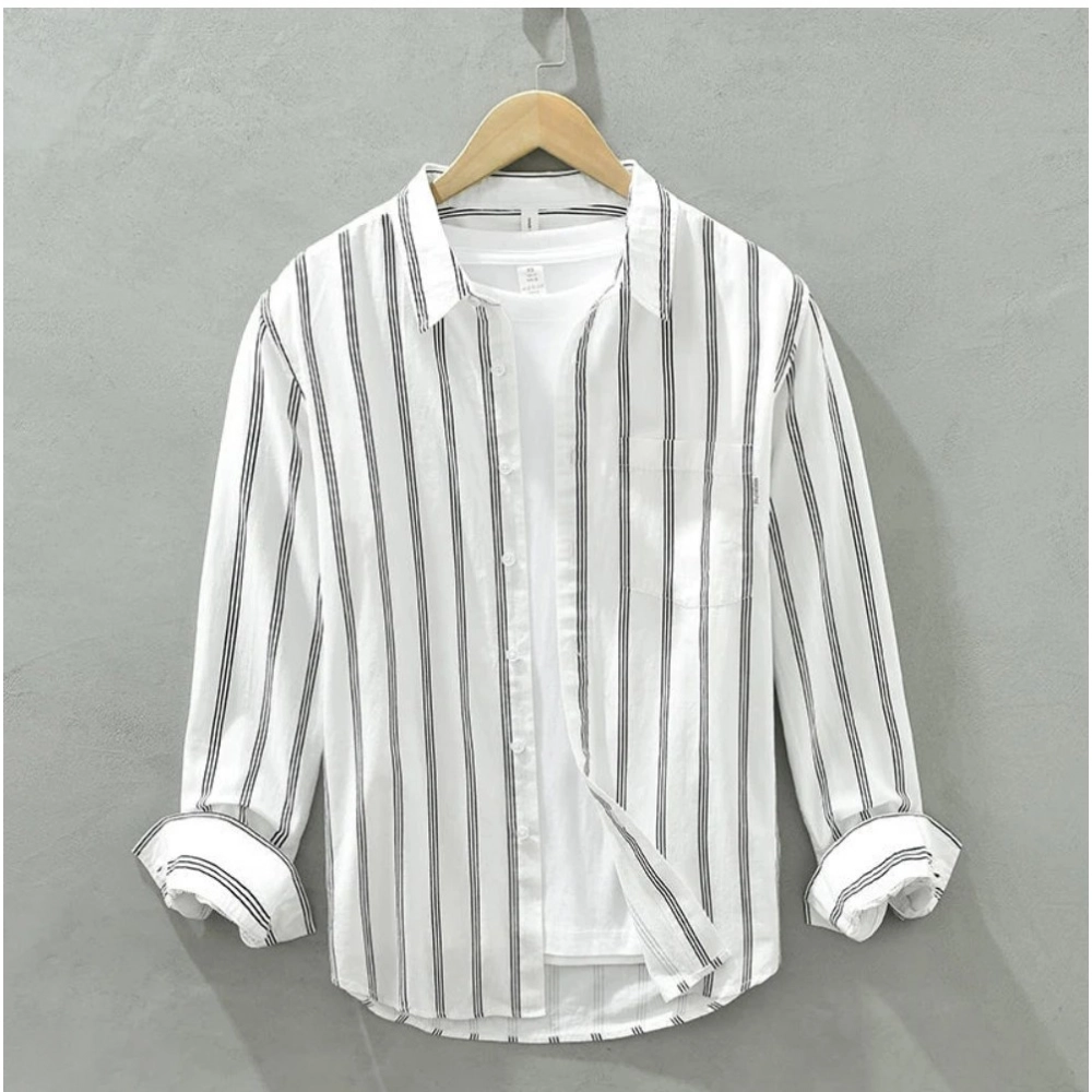 Generic Men’s Casual Cotton Striped Full Sleeve Collar Shirt (White)