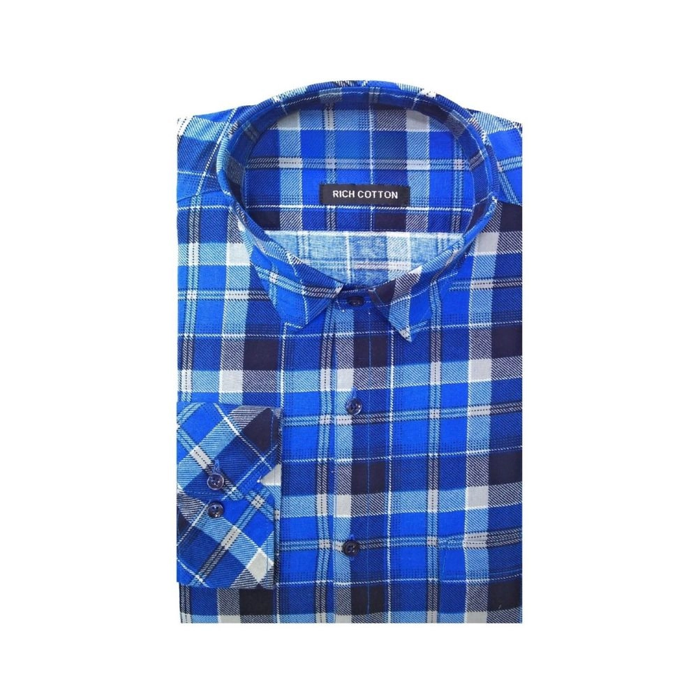 Generic Men’s Cotton Lycra Full Sleeve Checked Casual Shirt (Blue)