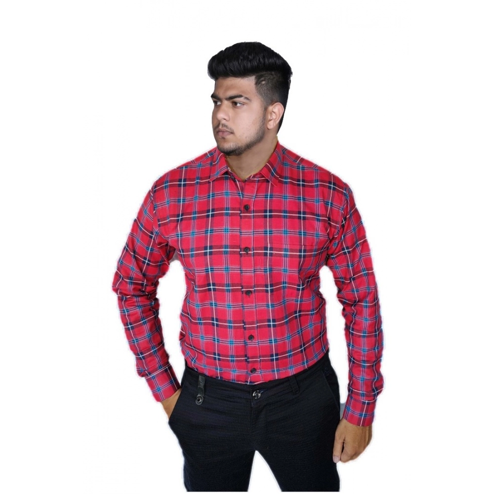 Generic Men’s Cotton Lycra Full Sleeve Checked Casual Shirt (Red )