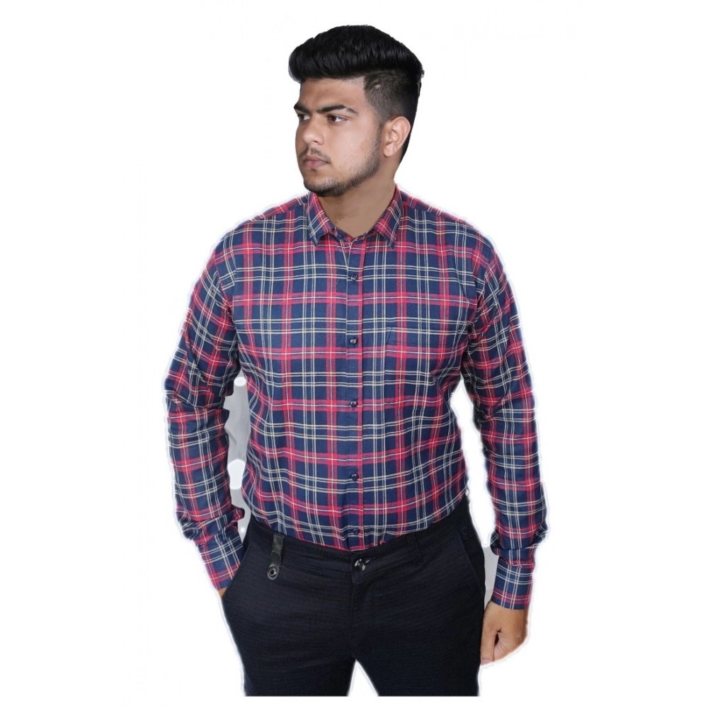 Generic Men’s Cotton Lycra Full Sleeve Checked Casual Shirt (Red )