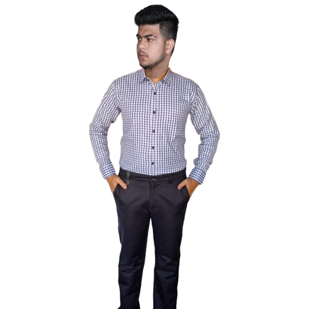 Generic Men’s Cotton Lycra Full Sleeve Checked Casual Shirt (White)