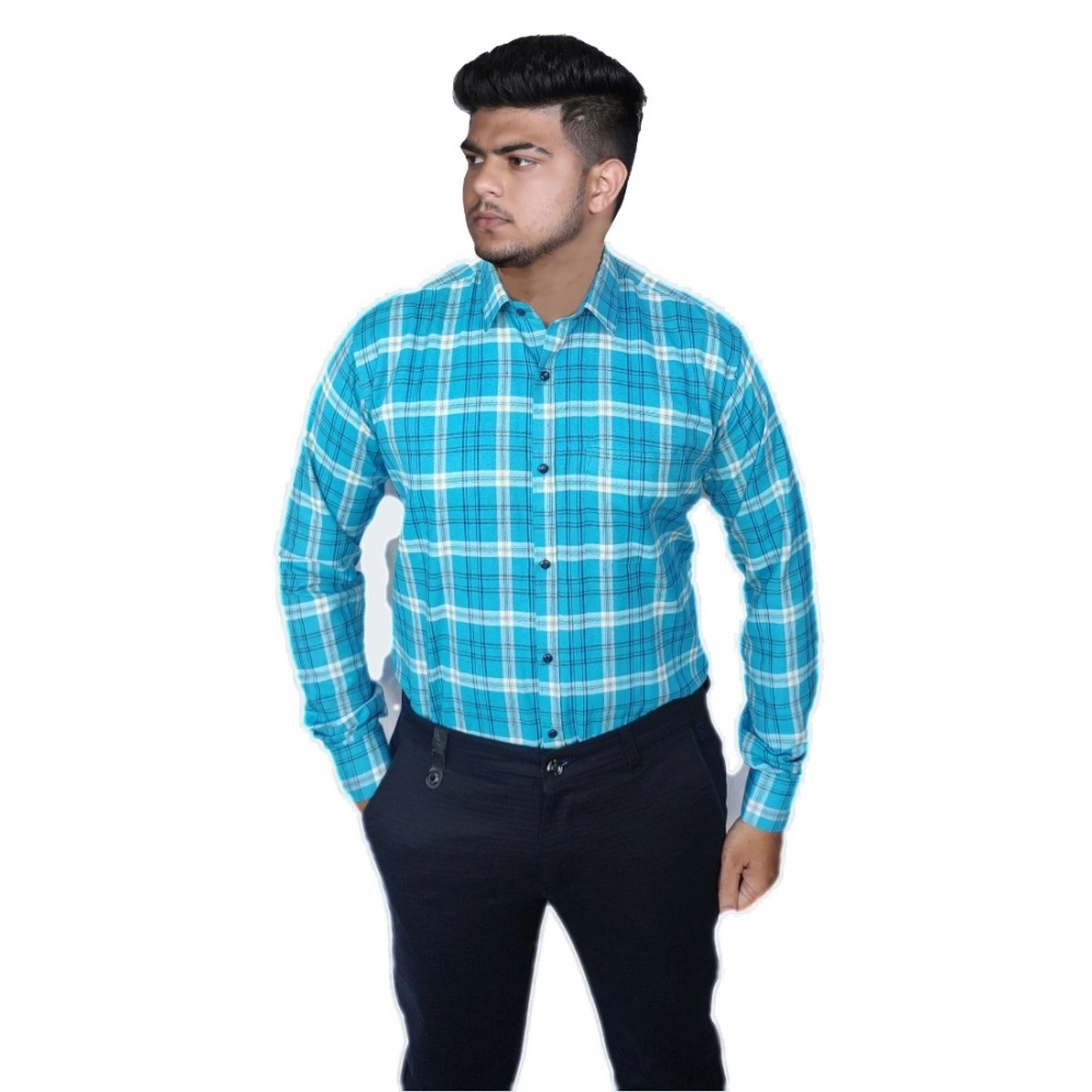 Generic Men’s Cotton Lycra Full Sleeve Checked Casual Shirt (Sky Blue)