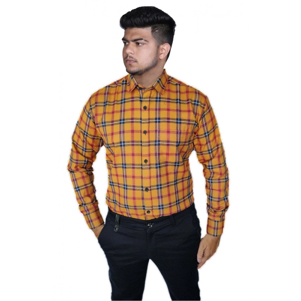 Generic Men’s Cotton Lycra Full Sleeve Checked Casual Shirt (Orange)