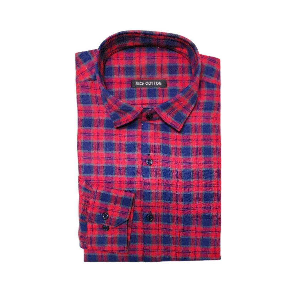 Generic Men’s Cotton Lycra Full Sleeve Checked Casual Shirt (Red)