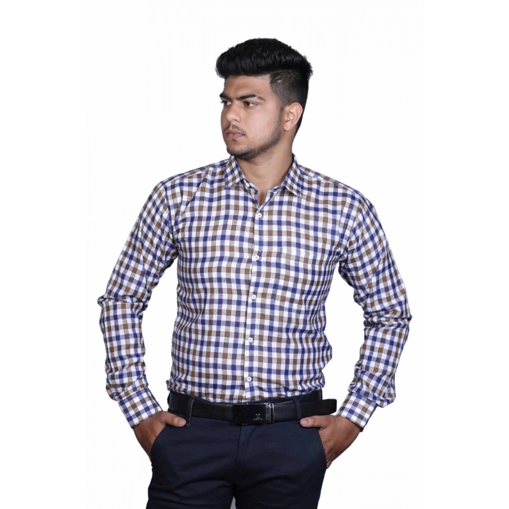 Generic Men’s Cotton Lycra Full Sleeve Checked Casual Shirt (Brown Blue)