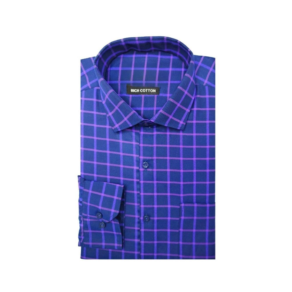 Generic Men’s Cotton Lycra Full Sleeve Checked Casual Shirt (Blue Purple)